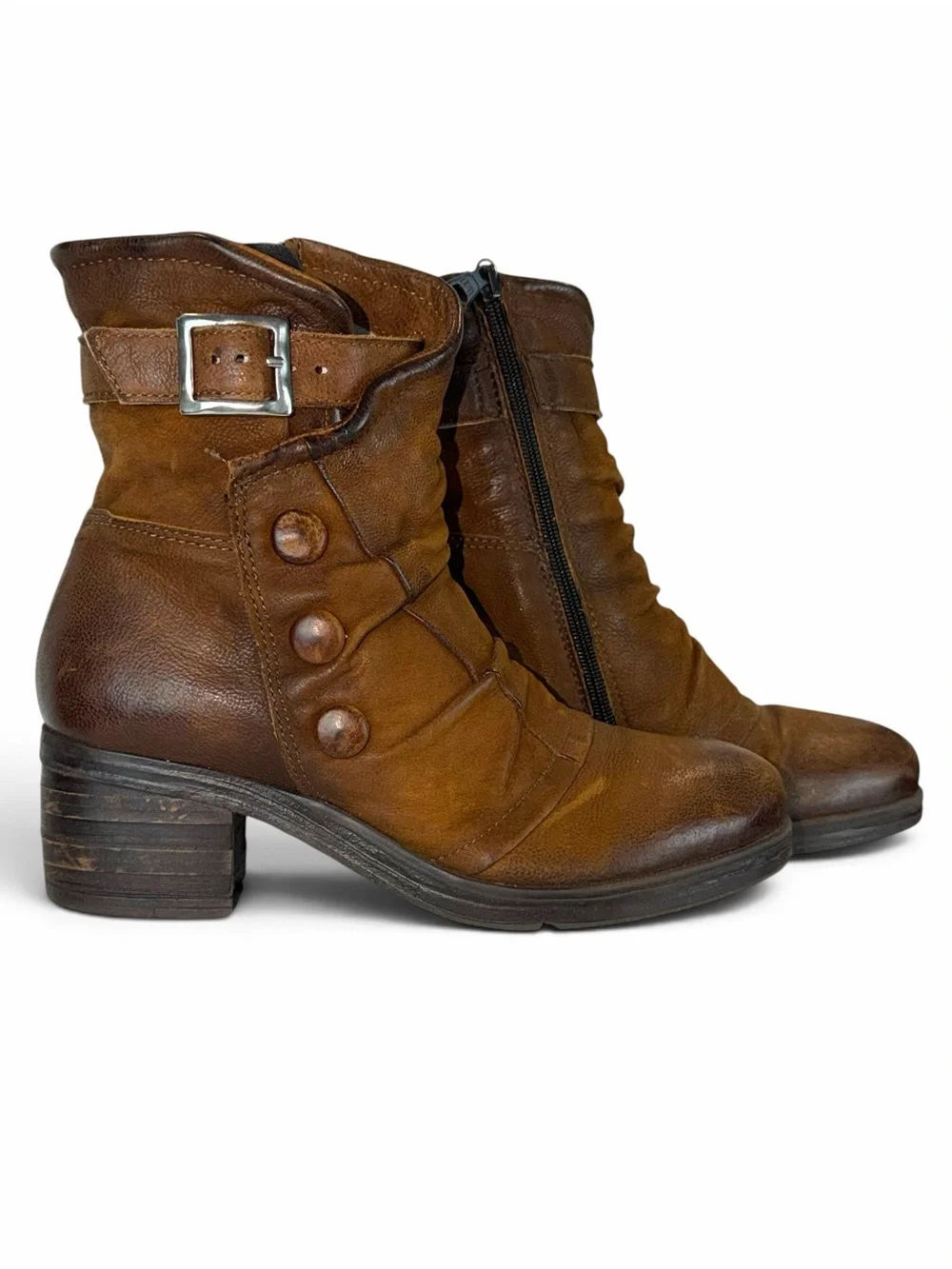 Miz Mooz Sidney Brown Leather Stacked Block Heel Button Side Zip Ankle Boots